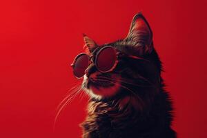 A cat wearing sunglasses on a red background photo
