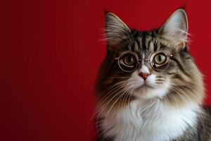 A cat wearing glasses on a red background photo