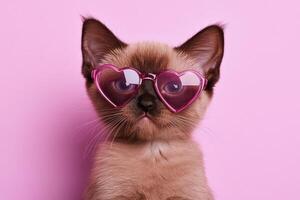 A siamese cat wearing heart shaped sunglasses on a pink background photo