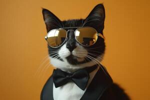 A cat wearing sunglasses and a bow tie photo