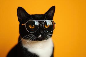 A black and white cat wearing sunglasses on an orange background photo