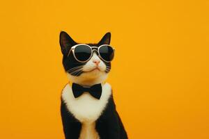 Funny cat wearing sunglasses and bow tie on yellow background photo