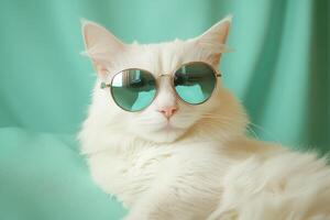 A white cat wearing sunglasses photo