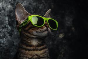 A cat wearing green sunglasses photo