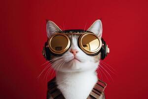 A cat wearing goggles and a vest on a red background photo