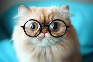 A cat wearing glasses and looking at the camera photo
