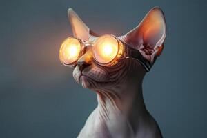 A cat with glowing eyes wearing goggles photo