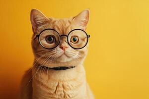 A cat wearing glasses on a yellow background photo
