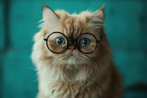 A cat wearing glasses and looking at the camera photo