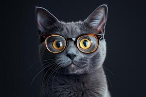 A gray cat wearing glasses on a black background photo