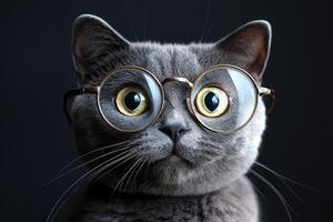A cat wearing glasses on a black background photo