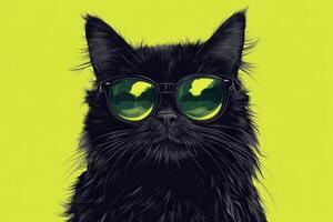 A black cat wearing sunglasses on a yellow background photo