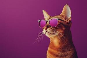 A cat wearing sunglasses on a purple background photo