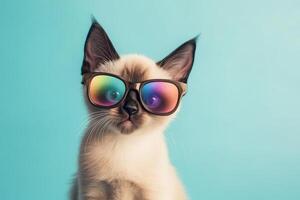A siamese cat wearing sunglasses on a blue background photo