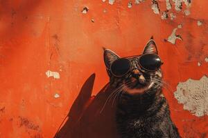 A cat wearing sunglasses against a red wall photo