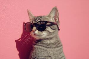 A cat wearing sunglasses against a pink wall photo