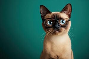A siamese cat wearing glasses on a green background photo
