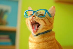 A cat wearing glasses and yawning photo