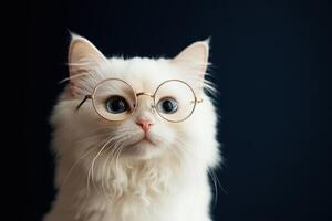 A white cat wearing glasses on a dark background photo