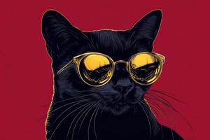A black cat wearing sunglasses on a red background photo