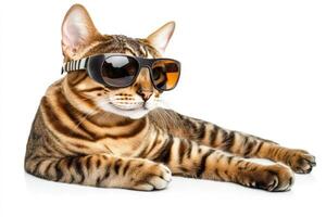 A cat wearing sunglasses on a white background photo