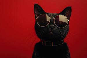 A black cat wearing sunglasses on a red background photo