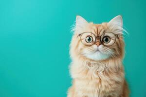 A cat wearing glasses on a blue background photo