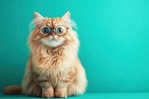 Funny cat with glasses on turquoise background photo