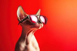 A cat wearing sunglasses on a red background photo