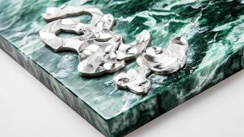 A green marble block with a silver metal sculpture on it photo