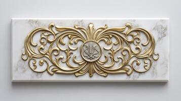 A gold and white marble plaque with a decorative design photo