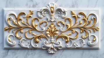 A marble plaque with gold and white designs photo