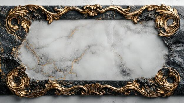 Golden frame with marble on white background photo