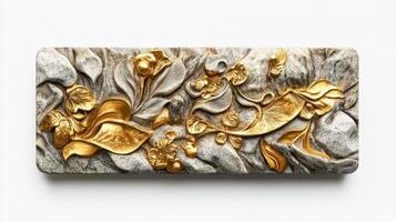 A gold and white marble plaque with flowers photo