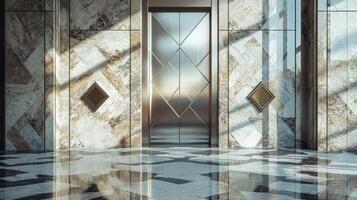 An elevator with marble walls and a glass door photo