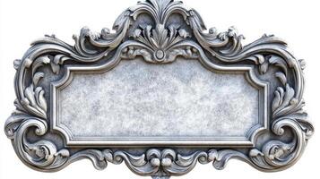 An ornate silver frame with a white background photo