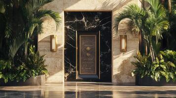 A modern entrance to a building with palm trees photo