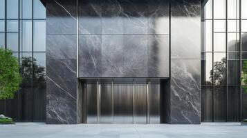 Modern office building with black marble walls and glass doors photo