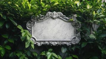 An ornate white marble plaque on a wall surrounded by green plants photo