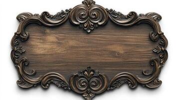 An ornate wooden sign with a scroll photo