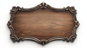 Wooden frame with ornate design on white background photo