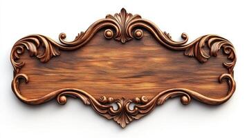 Wooden sign with scrollwork on white background photo