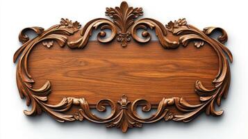 Wooden frame with scrollwork on white background photo