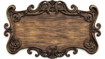 Wooden frame with ornate design on white background photo