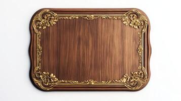Wooden plaque with gold decoration on white background photo