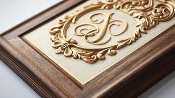 A wooden plaque with a gold and white monogram photo