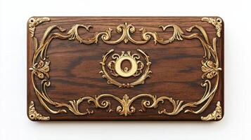 A wooden box with gold lettering and ornate design photo