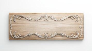Wooden plaque with decorative scrollwork on white background photo