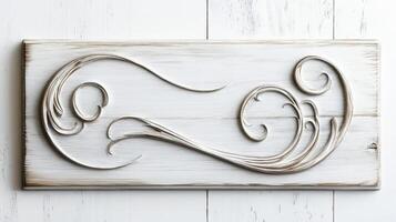 A wooden sign with a swirl design on it photo