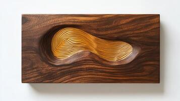 A wooden sculpture with a gold wavy pattern photo